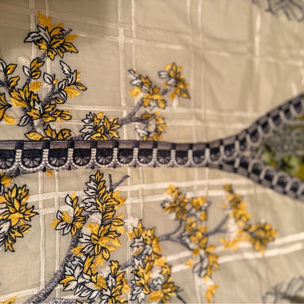 Floral Embroidered Fabric with Yellow and Gray Accents